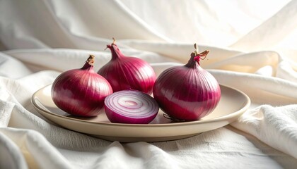 Vibrant red onions, one sliced, on a ceramic plate, elegantly arranged on soft white fabric bathed in gentle natural light