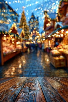 Christmas market ambiance with blurred lights and wooden table foreground, creating a warm festive atmosphere for holiday presentations and seasonal displays