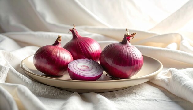 Vibrant red onions, one sliced, on a ceramic plate, elegantly arranged on soft white fabric bathed in gentle natural light