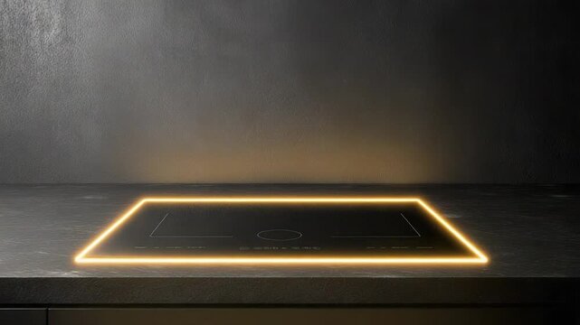 Modern kitchen cooktop illuminated with glowing neon light