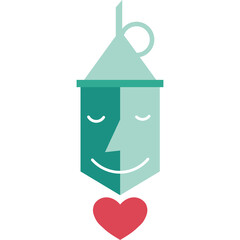 Abstract graphic representation of a smiling face with closed eyes wearing a funnel as a hat with a red heart below on a white background