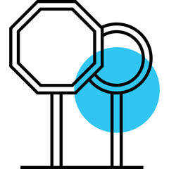 Abstract Graphic Design of Two Geometric Shapes on Poles with a Cyan Circle Overlay and Black Outline Against a Transparent Background
