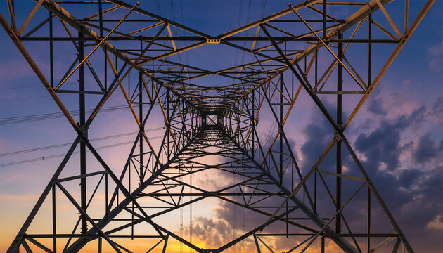 Looking up inside electrical transmission tower showing geometric metal framework against sunset sky