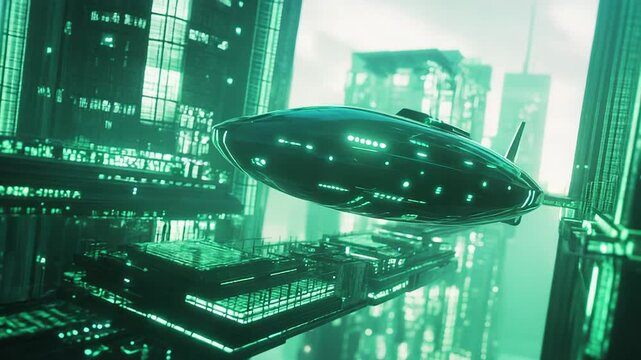 Futuristic blimp flying through cyberpunk city buildings