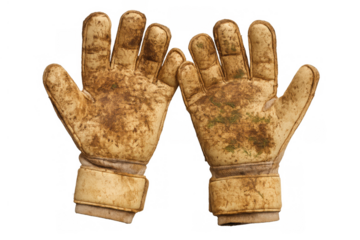 Dirty soccer goalkeeper gloves showing hard work and protection needed in sport with transparent background