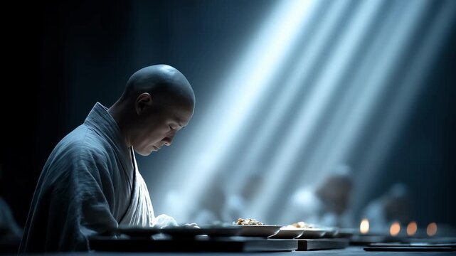 Solemn and solemn dining scene of monks in the Tang Dynasty