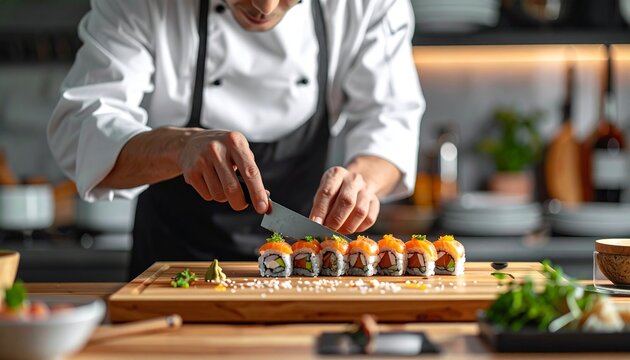 Chef Slicing Sushi Rolls in Professional Kitchen