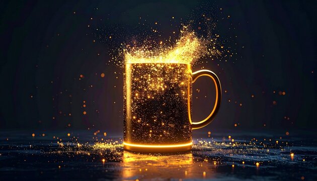 Golden metallic mug glowing on dark reflective surface with embers and sparkles showcasing magical ambiance and luxurious fantasy design