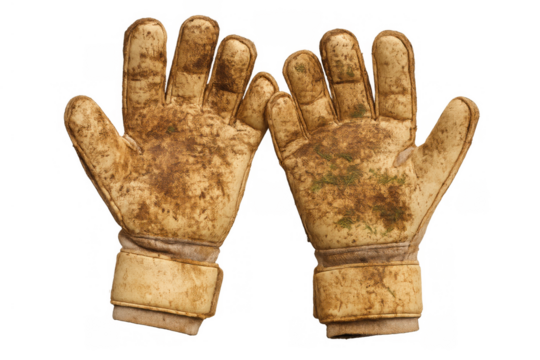 Dirty soccer goalkeeper gloves showing hard work and protection needed in sport with transparent background