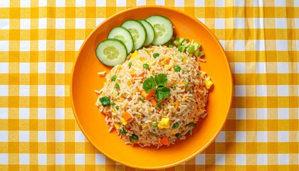 Top view of delicious fried rice with mixed vegetables on a bright orange plate with cucumber slices