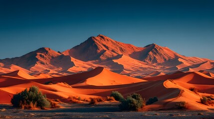 Obraz premium Golden desert dunes sculpted by wind meet distant fiery mountains under a clear blue sky, evoking adventure and vastness.