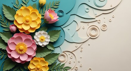 Beautiful 3D paper cut floral background with yellow, pink, and white flowers on a pastel blue and beige backdrop. Elegant design for spring, wedding, or celebration invitations. Decorative flower art
