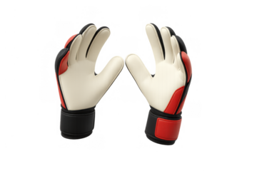 Pair of goalkeeper gloves for soccer or football with white, black, and red details, offering player protection