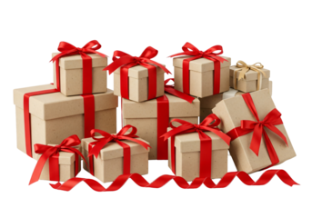 Delightful stack of elegantly wrapped gifts with vibrant red ribbons and one shimmering gold accent for a magical holiday celebration, perfect for conveying joy and festive cheer