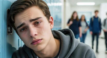 Young male student with tear-streaked face leans against school locker, conveying emotions of sadness and vulnerability in a bustling hallway filled with peers