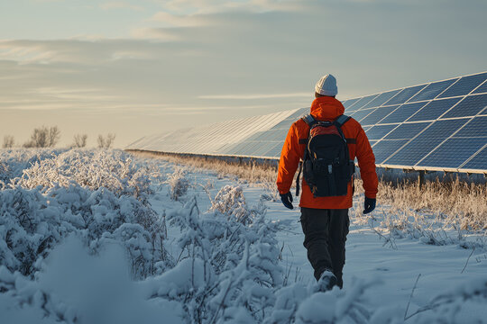 Person in orange jacket walks through snowy field toward solar panels under a pale sky.