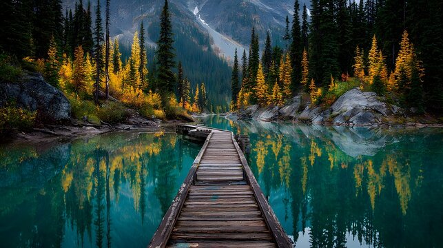 Serene wooden dock leads through vibrant autumn forest to a tranquil turquoise lake reflecting majestic mountains