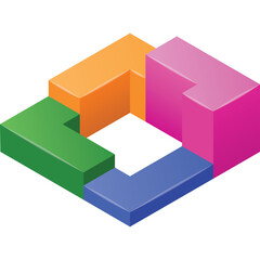 Abstract geometric shapes in orange green blue and pink form a connected square in isometric perspective with a white center and transparent background showcasing a modern design concept
