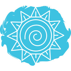 Abstract Geometric Sun Symbol on a Textured Aqua Blue Brushstroke Background with a Transparent Overlay