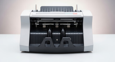 Obraz premium Modern currency counting machine with sleek design, showcasing advanced technology and precision, ideal for financial institutions and businesses requiring efficient cash handling solutions