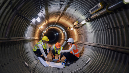 Construction workers in safety gear examining blueprints inside circular tunnel with corrugated walls