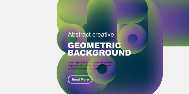 Vibrant abstract shapes overlap black background. Text promotes geometric design, includes call to action button. Modern, colorful presentation. - Powered by Adobe