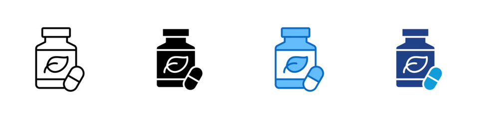 Supplement Multiple Style Icon Design Vector - bottle with a leaf and capsule symbolizing organic vitamins and daily nutrition support