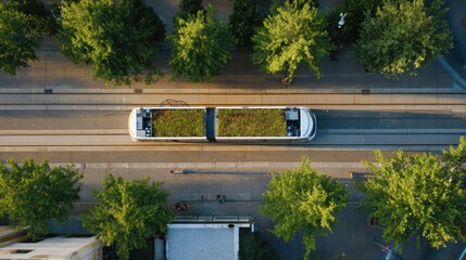 Modern electric tram adorned with greenery travels peacefully through a vibrant city street during golden hour