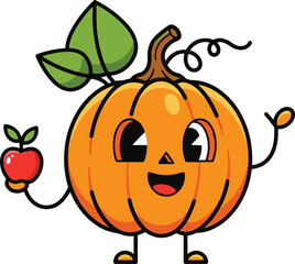 A cute, friendly pumpkin character with a cheerful expression, holding a small red apple in one hand, while standing with small feet and large leaves on its stem.