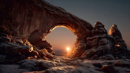 Stunning desert arch frames golden sunrise illuminating rugged rock formations and vast arid landscape at dawn