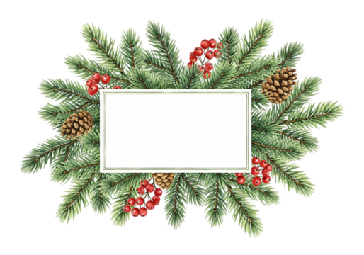 Create stunning holiday invitations with this beautiful pine branch, berry, and cone frame featuring a blank card for your personalized greeting, perfect for winter season promotions