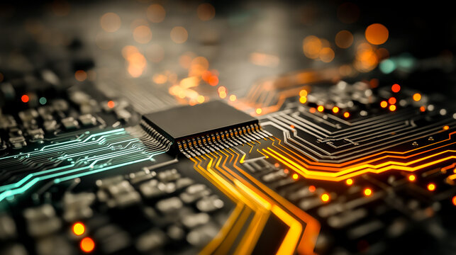 circuit board with neon glowing lines