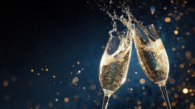 Cheers to Celebration: Sparkling champagne glasses clink in a joyous toast, a symbol of festivity and jubilation, creating a visually stunning moment of elegance and celebration.