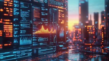 Digital data processing and financial market trends in cityscape - Powered by Adobe