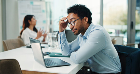 Financial planner, thinking or man with laptop in office, insurance mistake or wealth proposal problem. Coworking, investment fail or team with pc for tax debt, review project or company performance