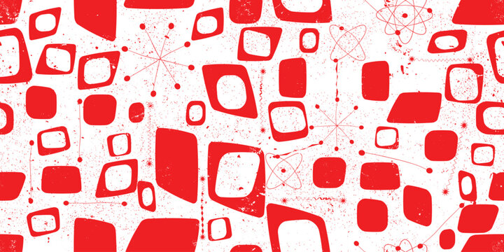 Vintage modern atomic seamless pattern with speckled and grainy texture, inspired by1950s and 1960s atomic age design, featuring abstract geometric shapes and orbit motifs in black, vector design.