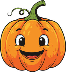  A very happy and animated pumpkin character with wide, excited eyes and a broad, open-mouthed smile, featuring a green stem and a curled vine.