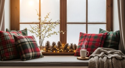 Cozy window seat with plaid pillows, pinecones, and coffee creating a warm, festive Christmas and New Year atmosphere for winter holiday season.