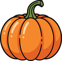 A classic, simple cartoon pumpkin illustration with a bright orange body, defined vertical grooves, and a bold green stem, all outlined in black.