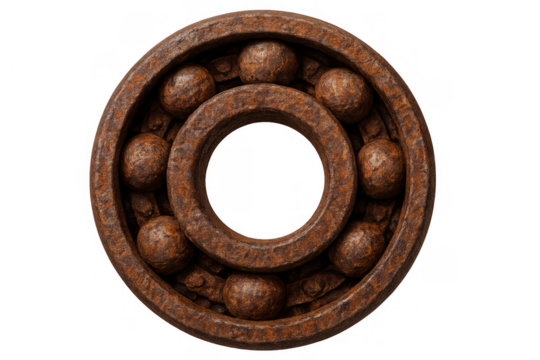 Rusty old ball bearing on transparent background showing mechanical wear and aged metal corrosion process