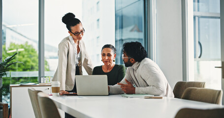 Laptop, meeting and business people in office for planning, finance report and collaboration. Tech,...