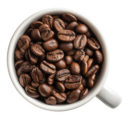 Naklejka premium White coffee cup filled with roasted coffee beans, top view, isolated on transparent background