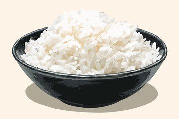 Hot Cooked White Rice in a Black Bowl Vector Illustration