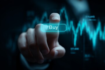 Close up of finger pushing a buy button on a digital interface with stock chart background, concept for online trading investment portfolio and financial analysis