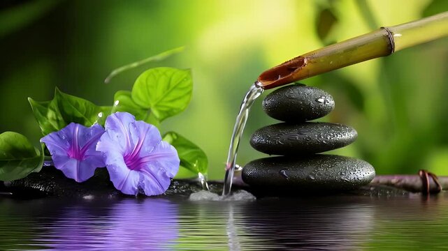 Zen garden still life water flowing over smooth stones and flowers