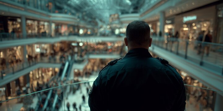 Security guard overseeing busy shopping mall activity from an elevated viewpoint. Concept for surveillance system, crowd control and retail security