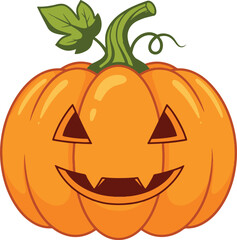 A classic, grinning jack-o'-lantern with triangular eyes and a wide mouth featuring small, pointed fang teeth, topped with a green stem and leaf.