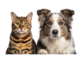 A beautiful Bengal cat and fluffy Border Collie dog, well-groomed with intelligent eyes, posed harmoniously side-by-side against a transparent studio background, concept of domestic harmony