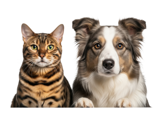 A beautiful Bengal cat and fluffy Border Collie dog, well-groomed with intelligent eyes, posed harmoniously side-by-side against a transparent studio background, concept of domestic harmony