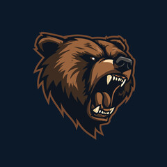 Aggressive Roaring Grizzly Bear Head Vector Mascot Illustration with Fangs and Dark Background